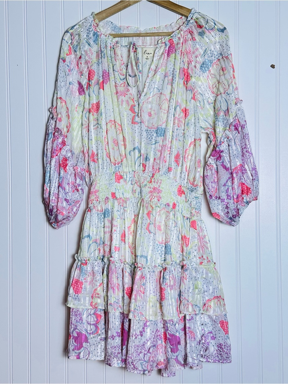 Lena multicolor floral smocked mini dress  M V-neck Stretchy